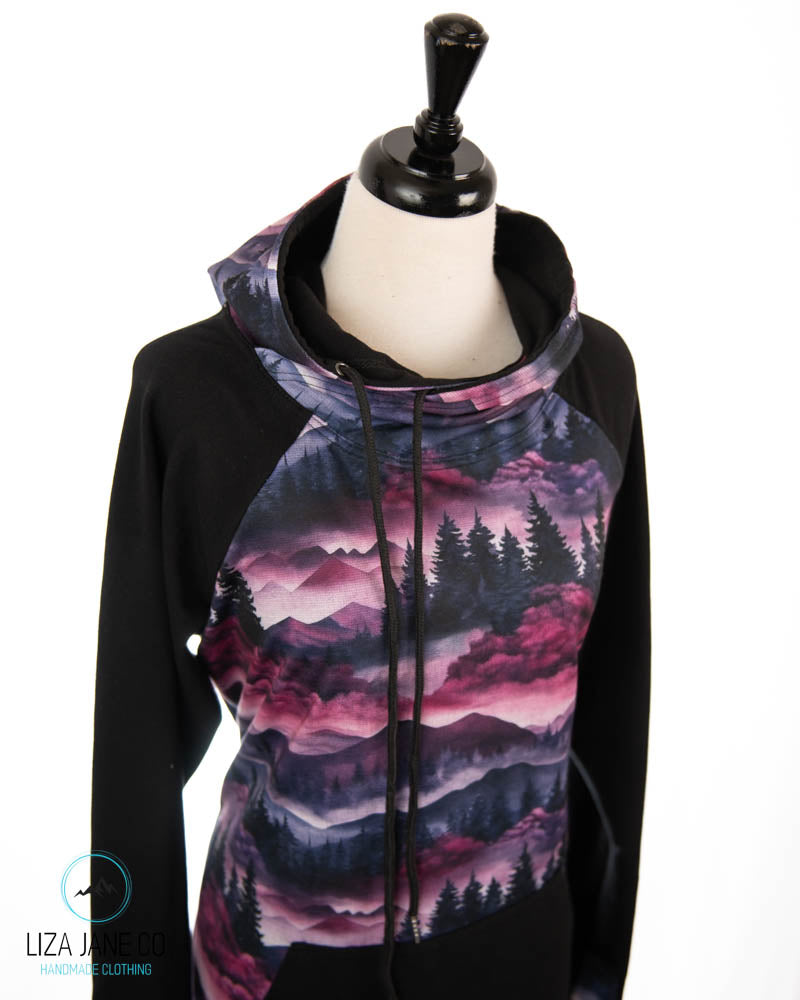 Women's Hoodie | Purple Linen Mountains and black on Sleeves {Made to Order}
