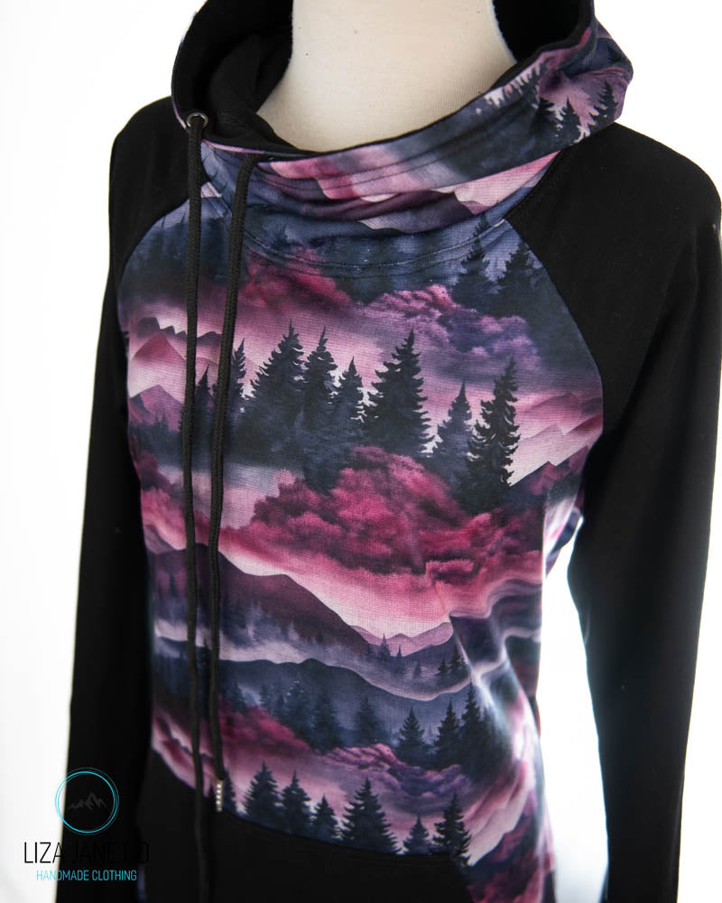 Women's Hoodie | Purple Linen Mountains and black on Sleeves {Made to Order}