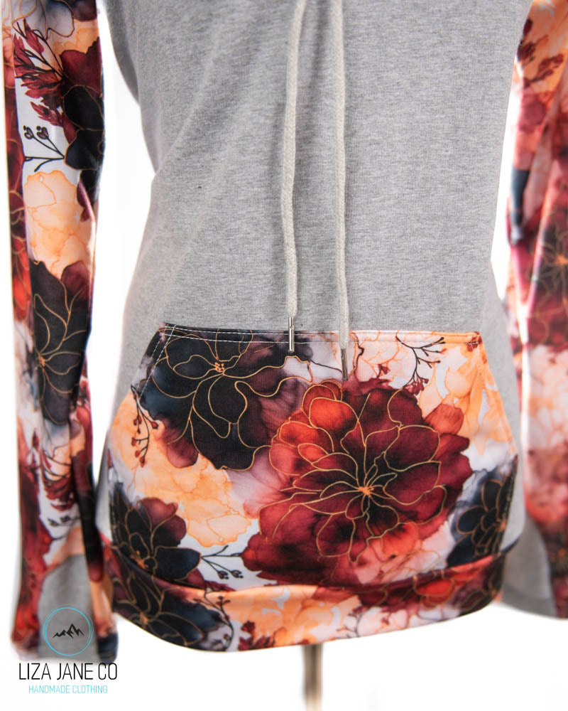 Women's Hoodie | Fall Floral Alcohol Ink and grey on Body {Made to Order}