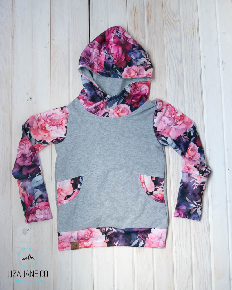 Grow with Me Hoodie | Pink & Purple peonies & Grey Body