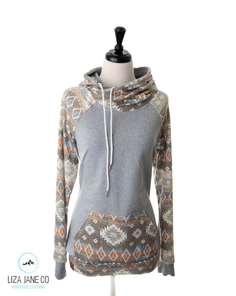 Women's Hoodie | Sage/Orange Aztec & Heather Grey {Large}