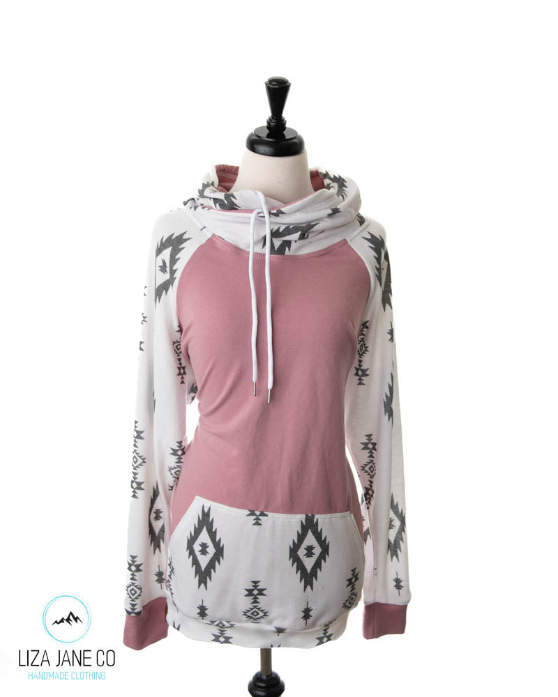 Women's Hoodie | Mauve and Charcoal Aztec on White
