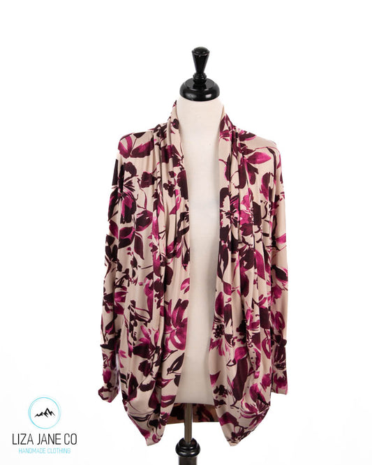 Women's Cocoon Cardigan | Purple floral on Taupe