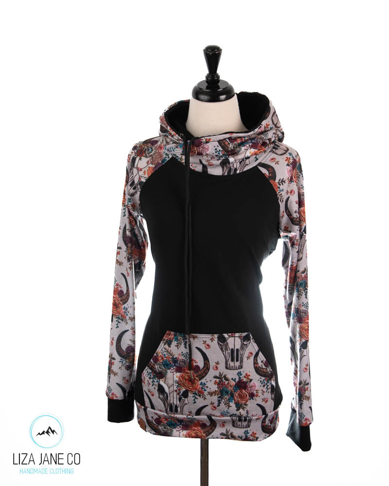 Women's Hoodie | Vibrant Embroidered Skull Print and black on Body {Made to Order}