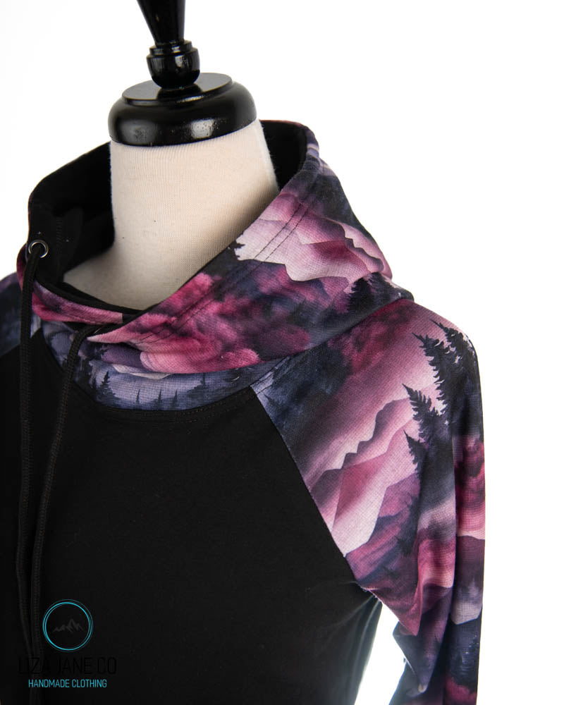 Women's Hoodie | Purple Linen Mountains and black on Body {Made to Order}