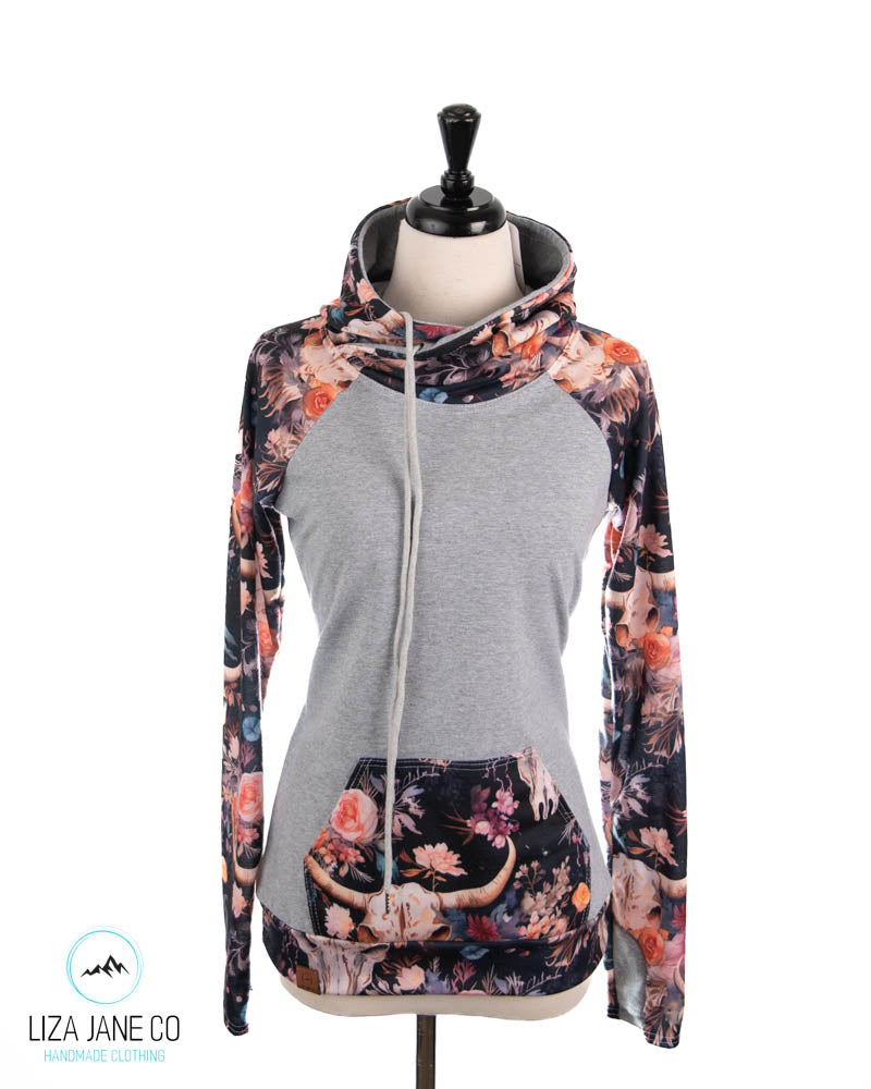 Women's Hoodie | Vibrant Floral skull on Navy and Grey on Body {Made to Order}
