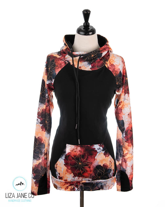 Women's Hoodie | Fall Floral Alcohol Ink and black on Body {Made to Order}
