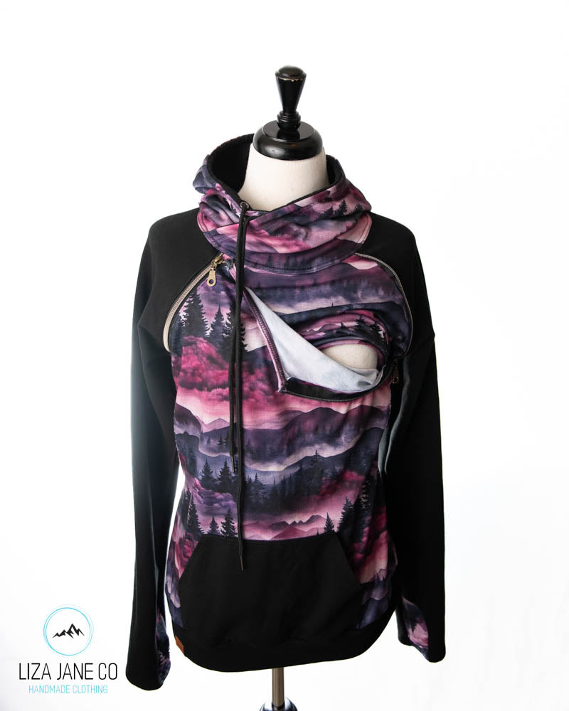 Zipper Nursing Hoodie | Purple Linen Mountains and black on Sleeves {Made to Order}