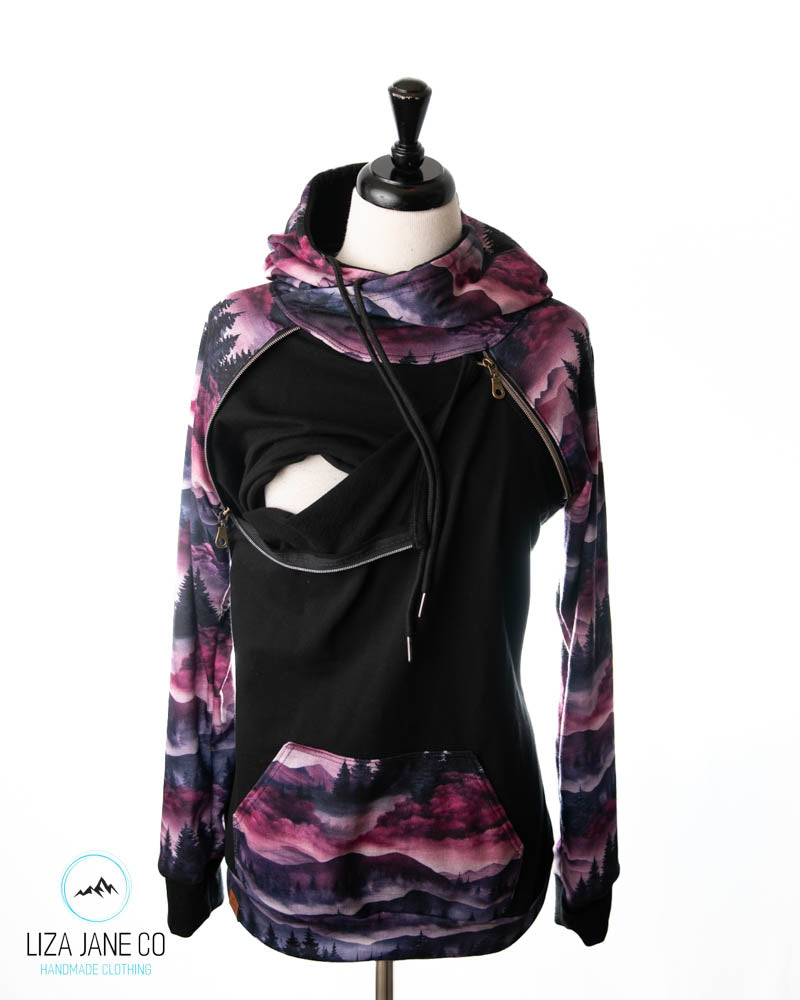 Zipper Nursing Hoodie | Purple Linen Mountains and black on Body {Made to Order}