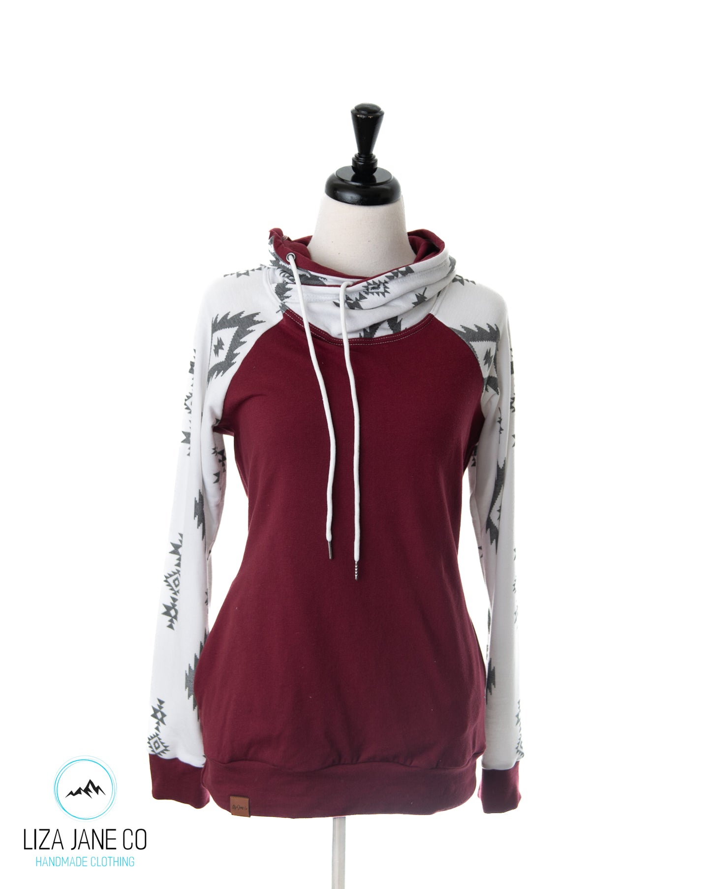 Women's Hoodie | Burgandy and Charcoal Aztec on White {Medium}