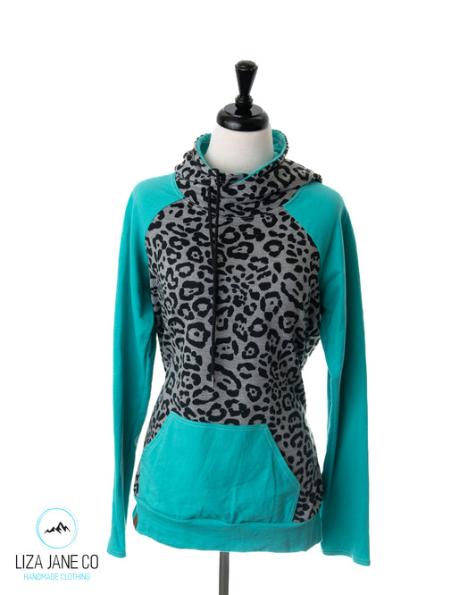 Women's Hoodie | Leopard on grey and Mint Sleeves {Large}