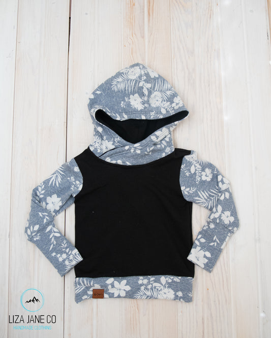 Grow with Me Hoodie | White Floral on Blue and Black {1-3 Year}