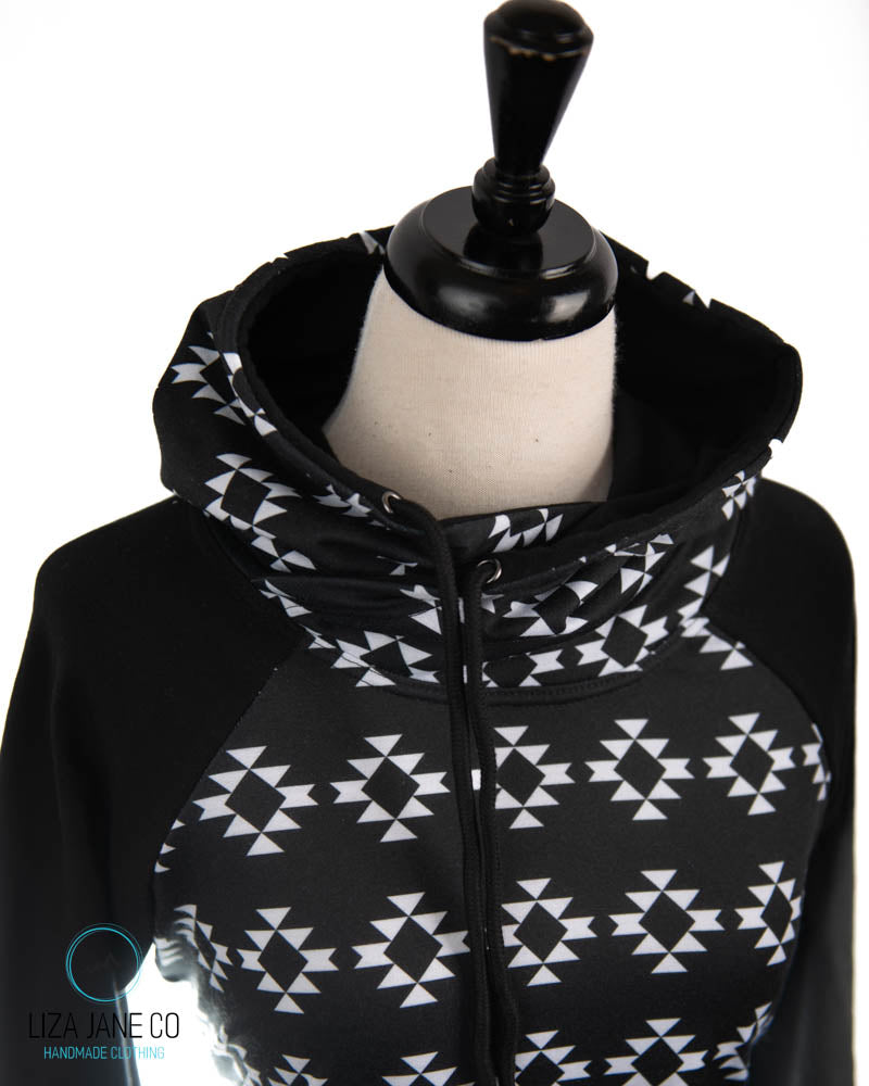Women's Hoodie | White Aztec on black with Black on Sleeves