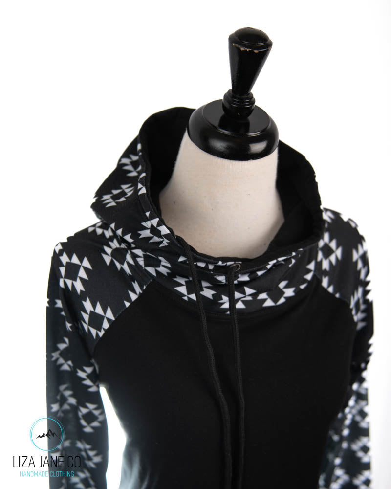 Women's Hoodie | White Aztec on black with Black on Body