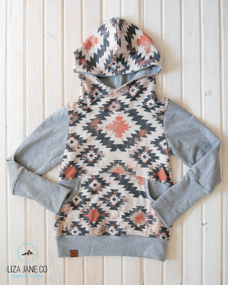 Grow with Me Hoodie | Natural/Earthy Aztec & Grey Sleeves