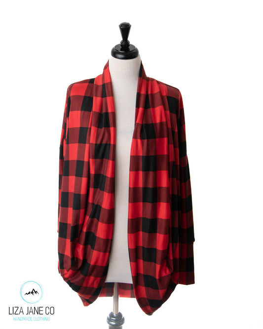 Women's Cocoon Cardigan | Red & Black Buffalo Plaid