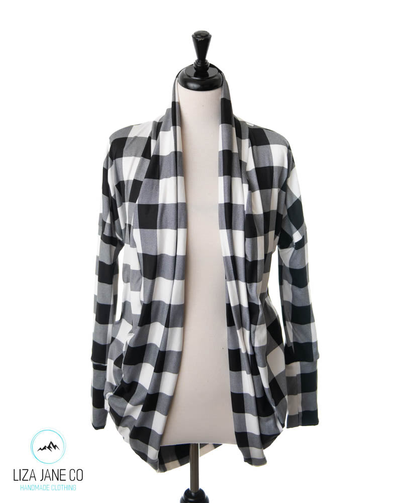 Women's Cocoon Cardigan | Black/White Buffalo Plaid