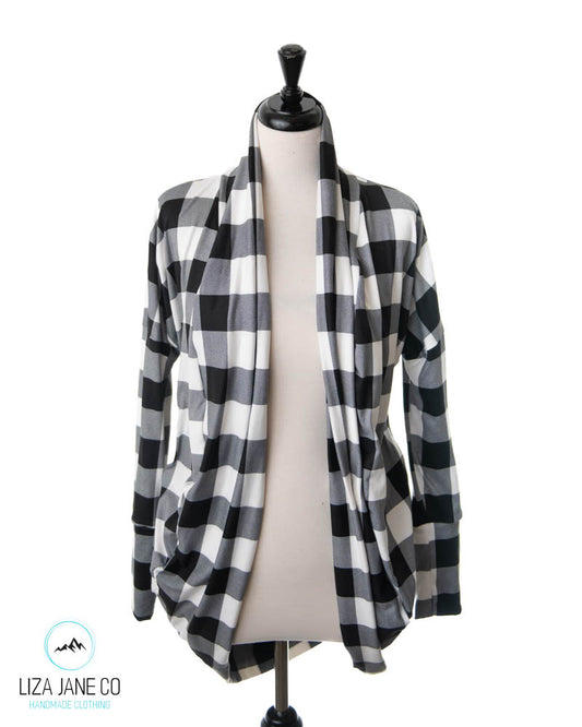 Women's Cocoon Cardigan | Black/White Buffalo Plaid