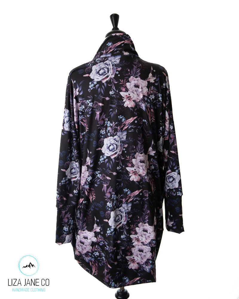 Women's Cocoon Cardigan | Purple Floral on Black