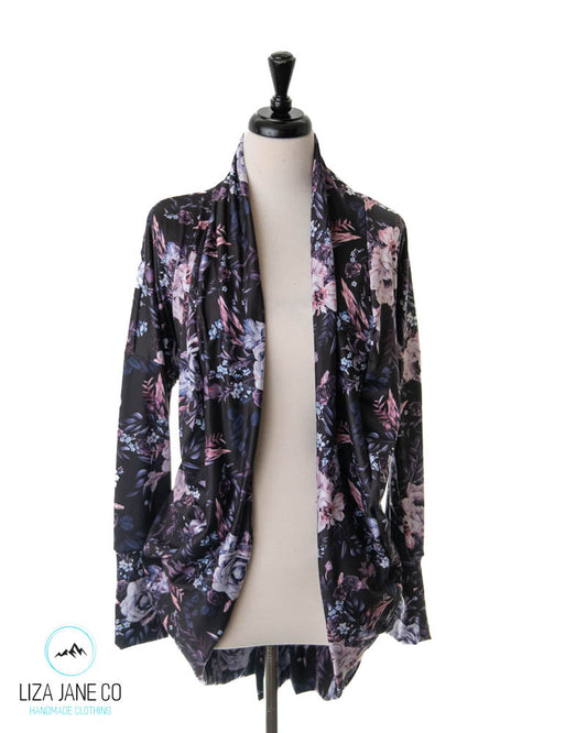 Women's Cocoon Cardigan | Purple Floral on Black