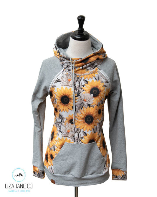 Zipper Nursing Hoodie | Embroidered Sunflowers and Grey on Sleeves {Made to Order}