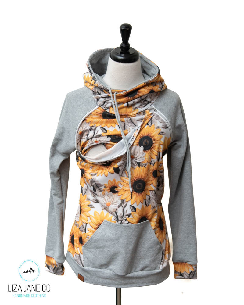 Zipper Nursing Hoodie | Embroidered Sunflowers and Grey on Sleeves {Made to Order}