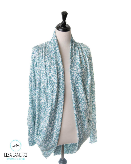 Women's Cocoon Cardigan | White Floral on Teal