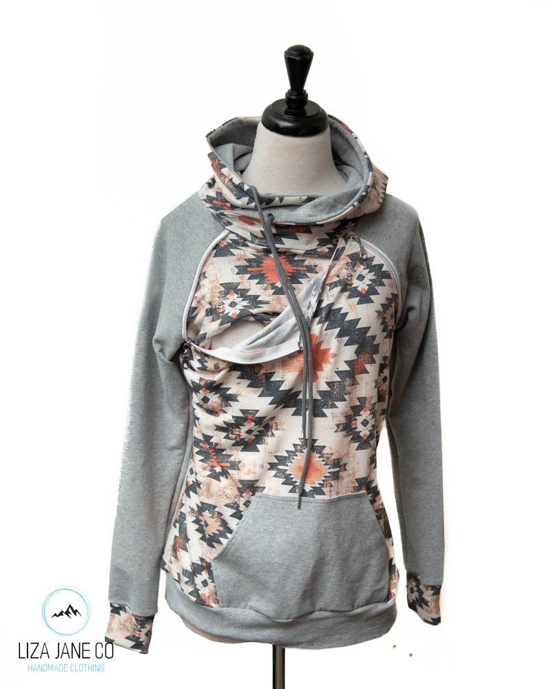 Zipper Nursing Hoodie | Earthy Aztec and Grey on Sleeves {Made to Order}