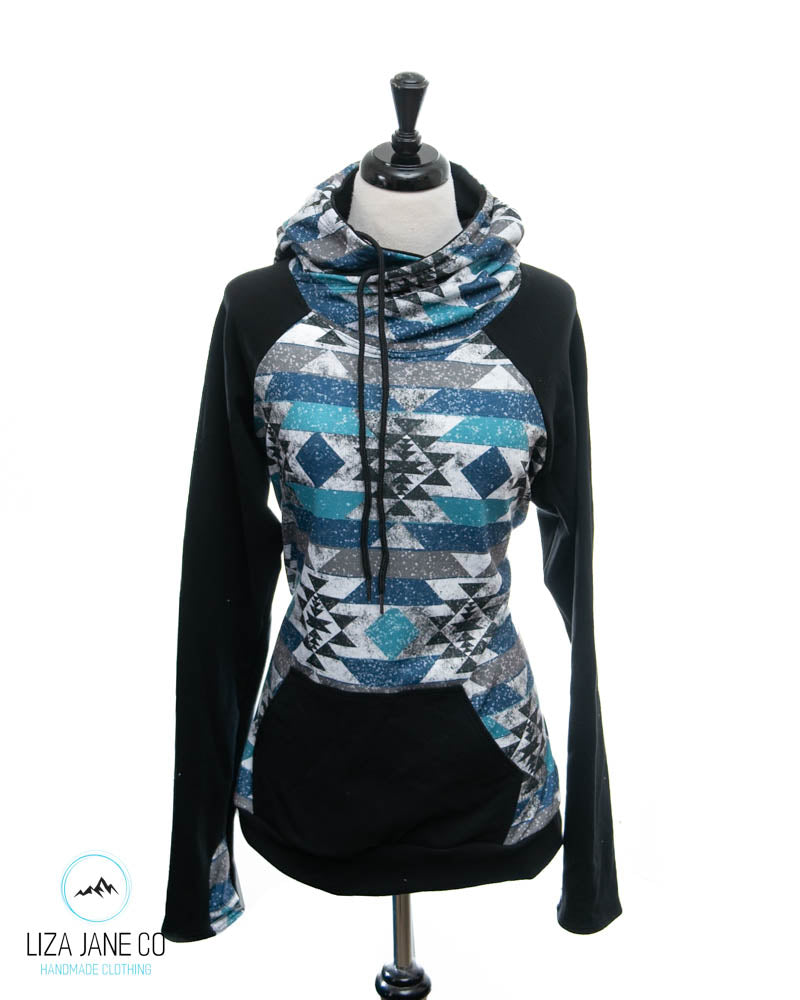 Women's Hoodie | Blue Glitter Aztec and black on Sleeves {Made to Order}