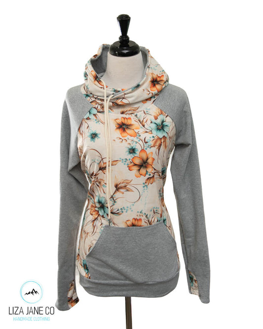 Women's Hoodie | Orange & Aqua flowers and grey on Sleeves {Made to Order}