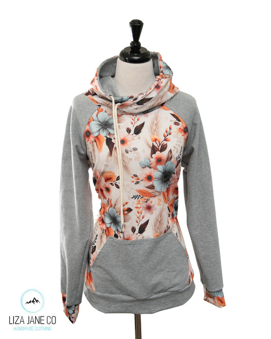 Women's Hoodie | Peach & Denim Floral and grey on Sleeves {Made to Order}