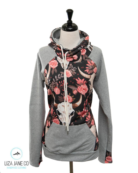 Women's Hoodie | Skulls Roses and grey on Sleeves {Made to Order}
