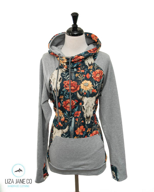 Women's Hoodie | Skulls & Fall Florals and grey on Sleeves {Made to Order}