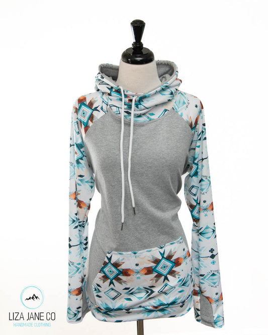 Women's Hoodie | Blue Aztec on White and grey on Body {Made to Order}