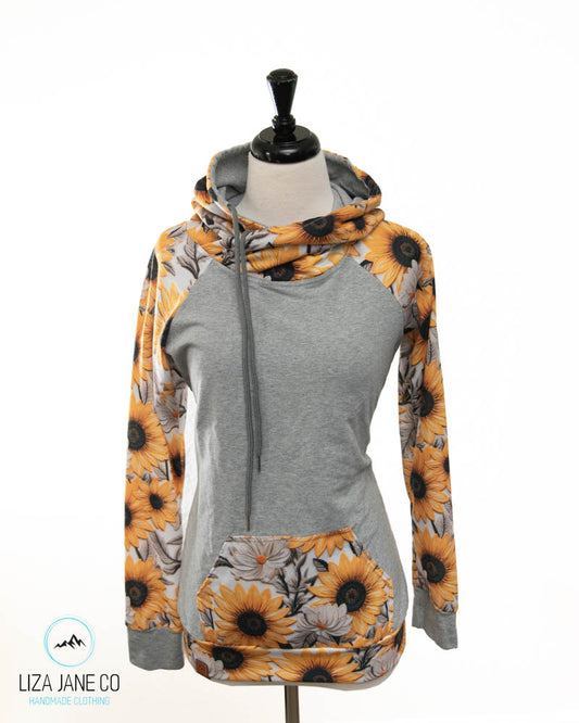 Women's Hoodie | Vibrant Embroidered Sunflower and Grey on Body {Made to Order}