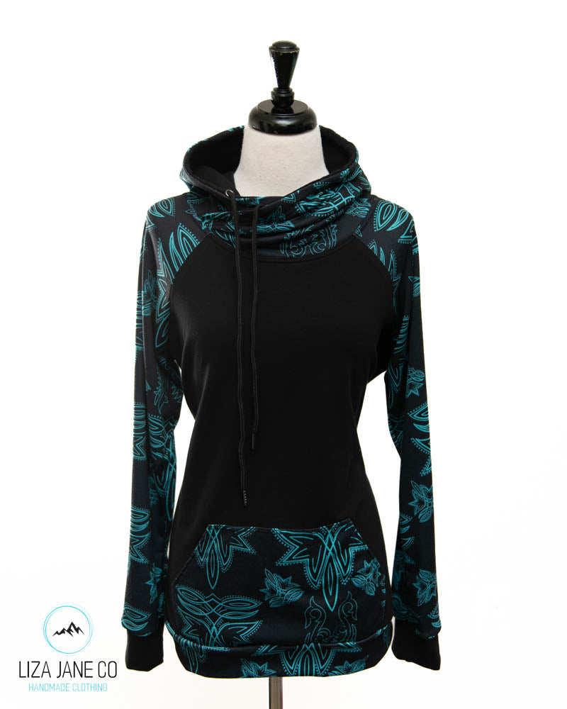 Women's Hoodie | Turquoise Stitch and black on Body {Made to Order}