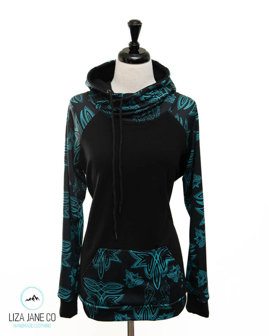 Women's Hoodie | Turquoise Stitch and black on Body {Made to Order}