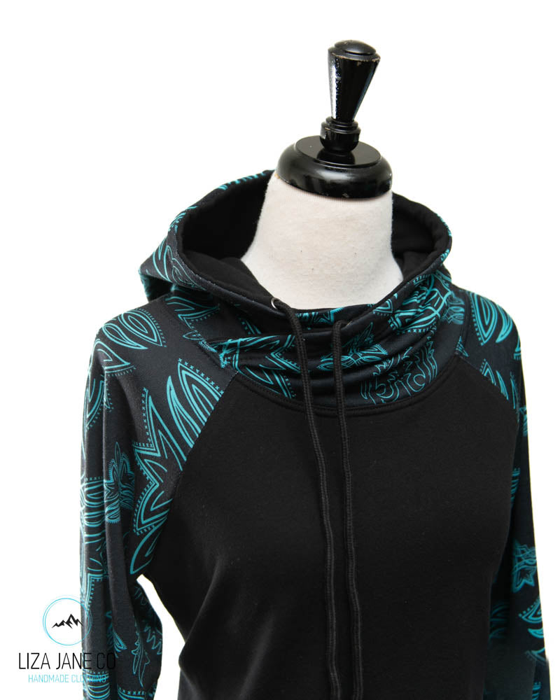 Women's Hoodie | Turquoise Stitch and black on Body {Made to Order}