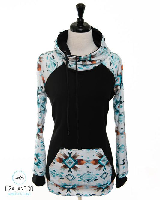 Women's Hoodie | Blue Aztec on White and black on Body {Made to Order}