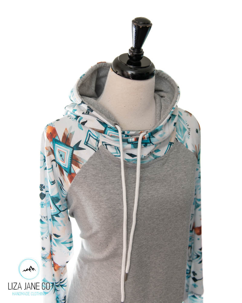 Women's Hoodie | Blue Aztec on White and grey on Body {Made to Order}