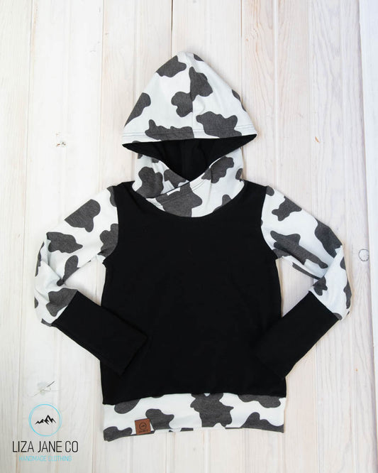 Grow with Me Hoodie | Black Cow print