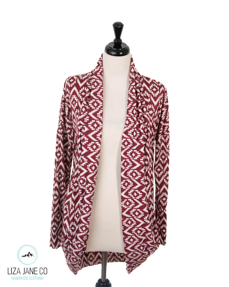 Women's Cocoon Cardigan | White Aztec on Burgandy
