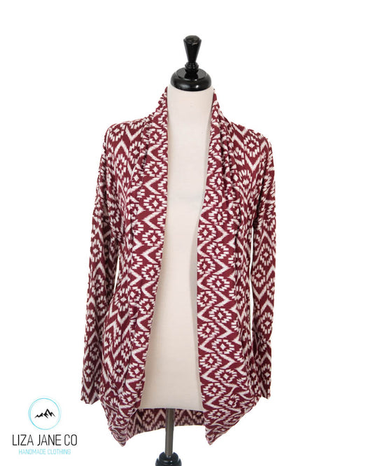 Women's Cocoon Cardigan | White Aztec on Burgandy