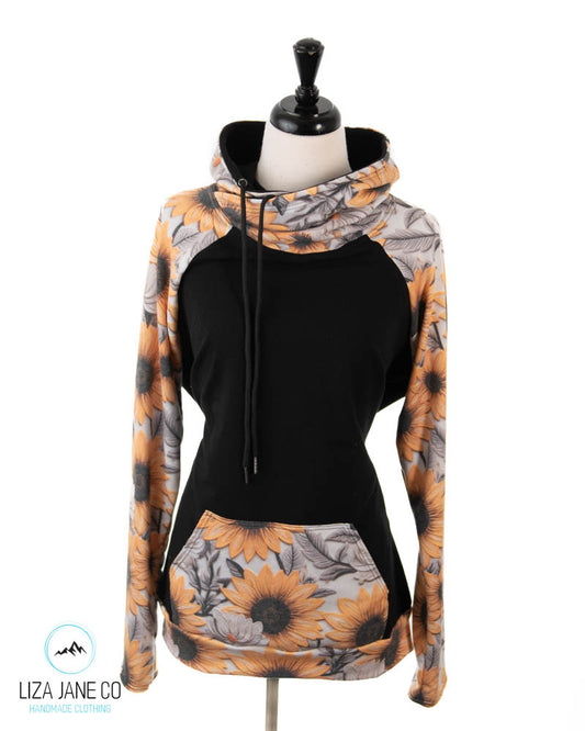 Women's Hoodie | Muted Embroidered Sunflower and black on Body {Made to Order}