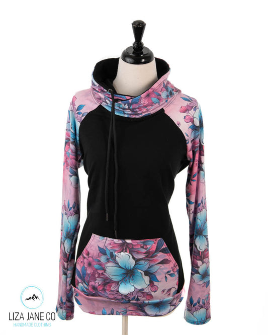 Women's Hoodie | Pink/Aqua Floral and black on Body {Made to Order}