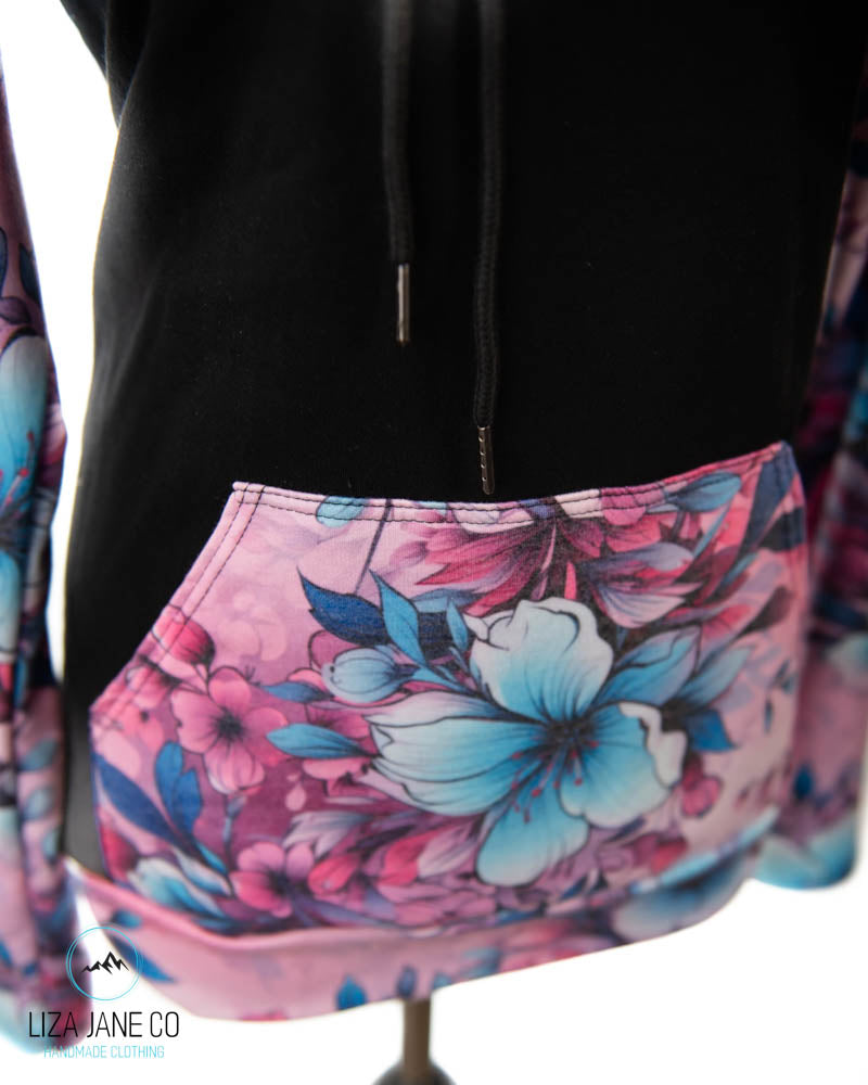 Women's Hoodie | Pink/Aqua Floral and black on Body {Made to Order}