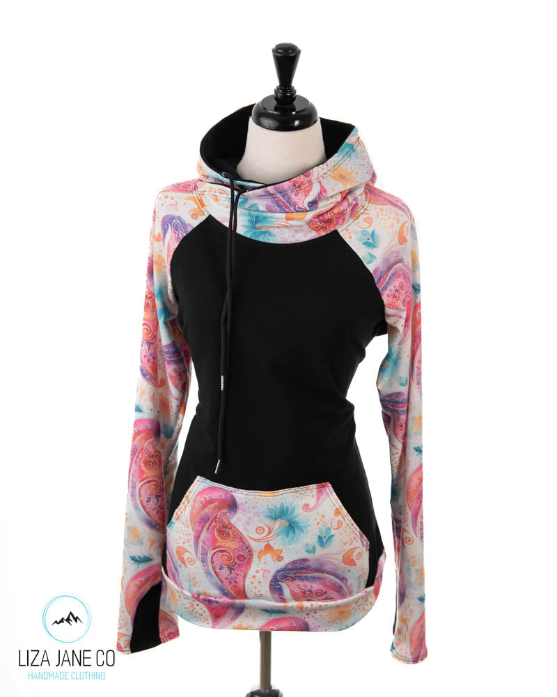 Women's Hoodie | Pink paisley on white and black on Body {Made to Order}