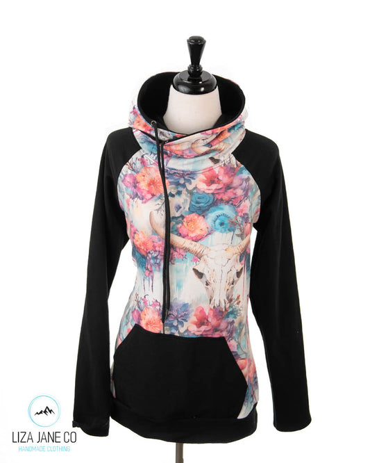 Women's Hoodie | Skull on bright dripping floral and black on Sleeves {Made to Order}