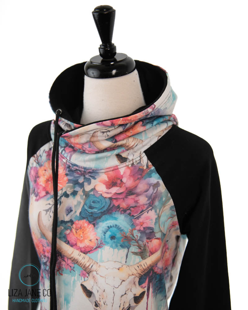 Women's Hoodie | Skull on bright dripping floral and black on Sleeves {Made to Order}