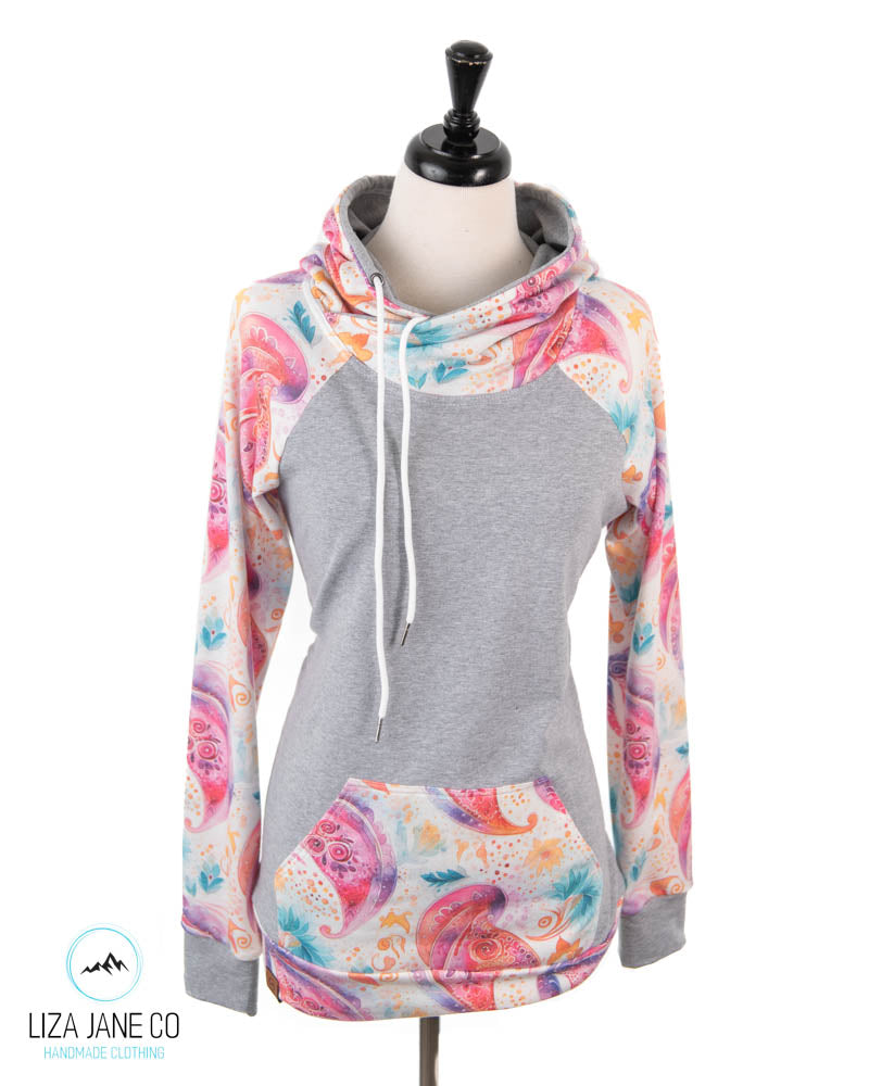 Women's Hoodie | Pink paisley on white and Grey on Body {Made to Order}